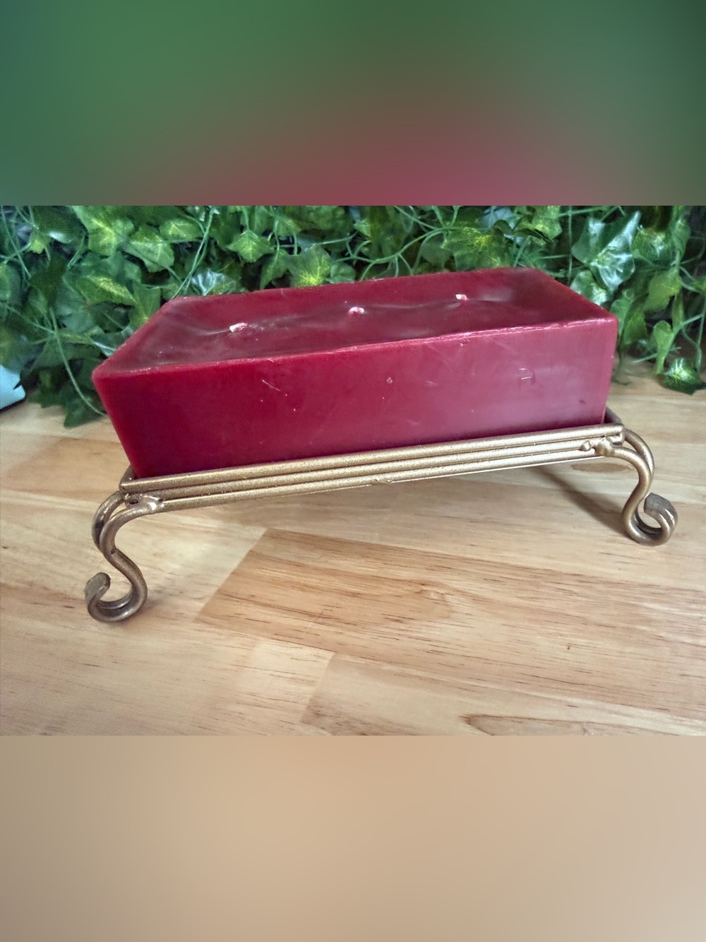 Large Burgundy Triple Wick Candle w Gold Metal Scroll Tray Holder